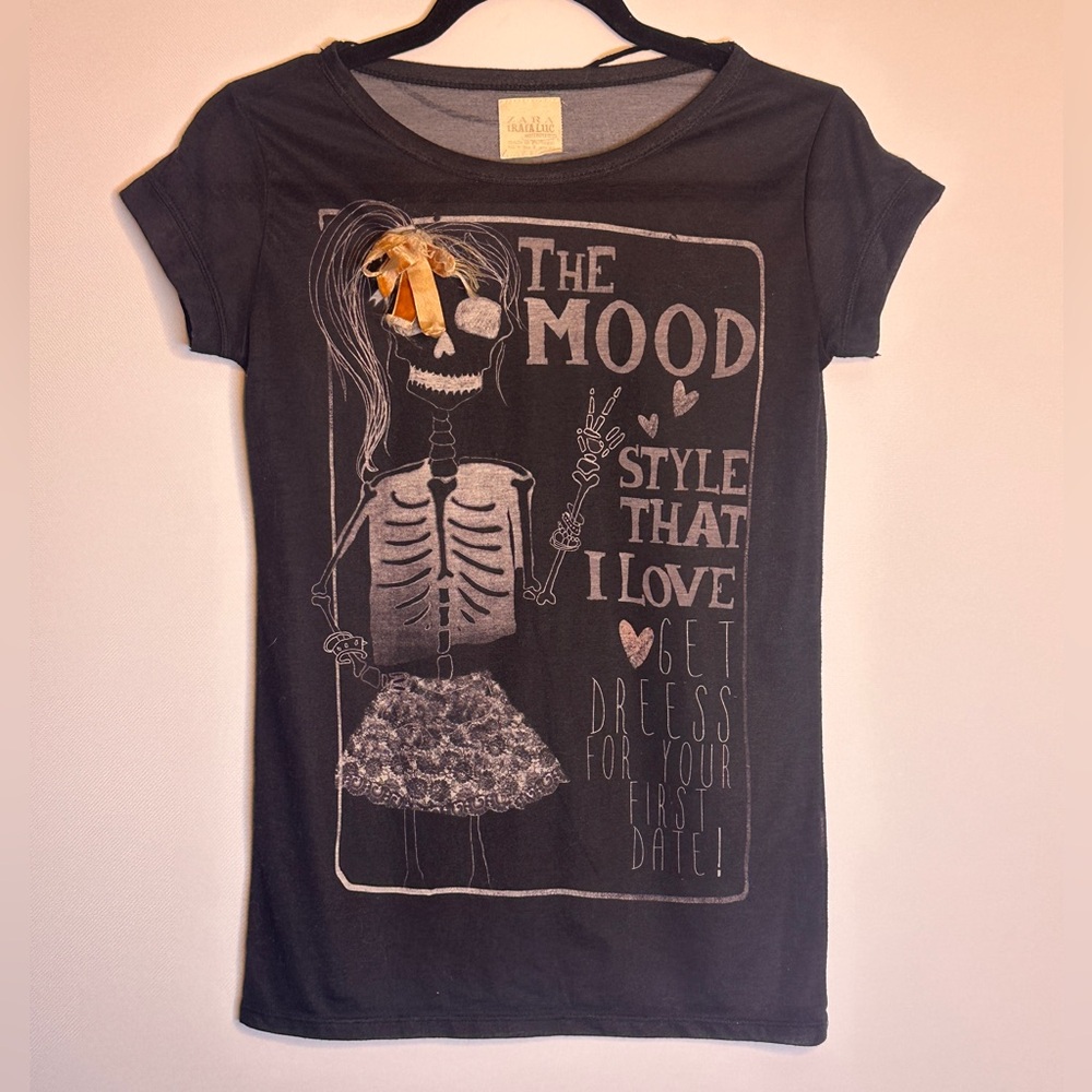 Zara Black Graphic Tee with Skeleton Design